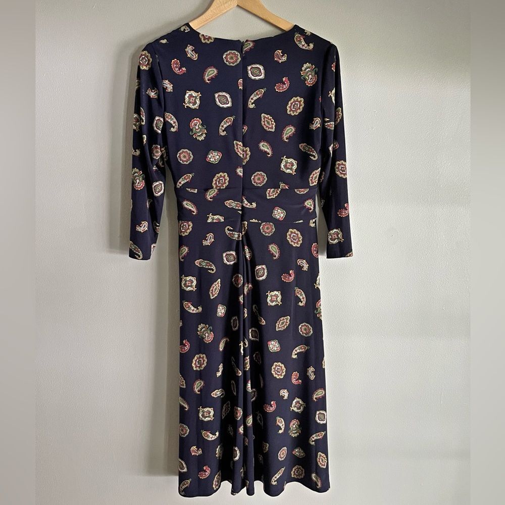 Lauren Ralph Lauren Navy Paisley Midi Dress Size 6 NWT Faux Wrap Stretch Knit - Picture 10 of 11